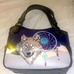 Wolf and dream catcher themed purse with bling, tote medium